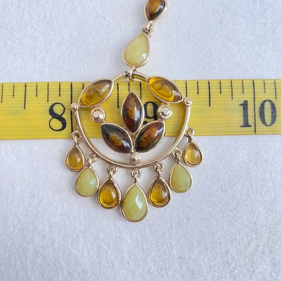 Dangling Pendant Necklace Brown Green Yellow Faceted StonesRibbon Neckline - Picture 10 of 13